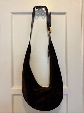 KHAITE Dark Brown Suede Hobo Crossbody Bag with Black Strap